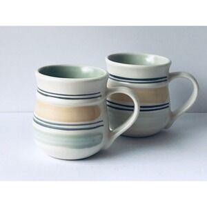 Pfaltzgraff KEY LARGO Mugs Set/2 Yellow Green‎ Bands. 14oz